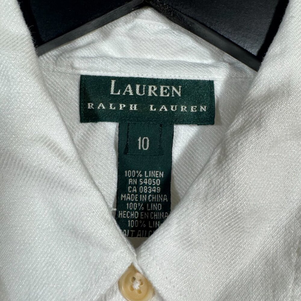 Lauren Ralph Lauren Women’s Button Up Shirt White Linen Crest Sz 10 Preppy - Picture 5 of 5
